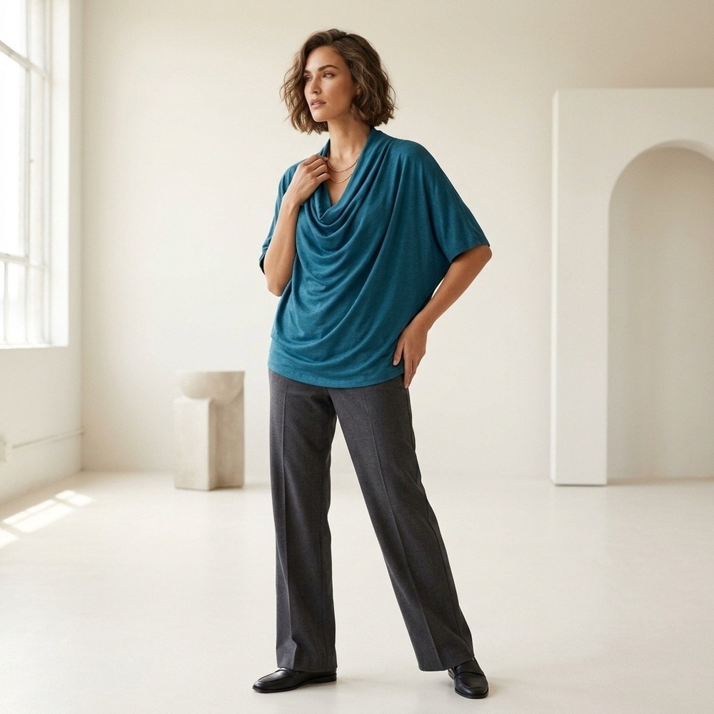 Lafayette 148 New York Teal Blue Cowl Neck Dolman Sleeve Top XL